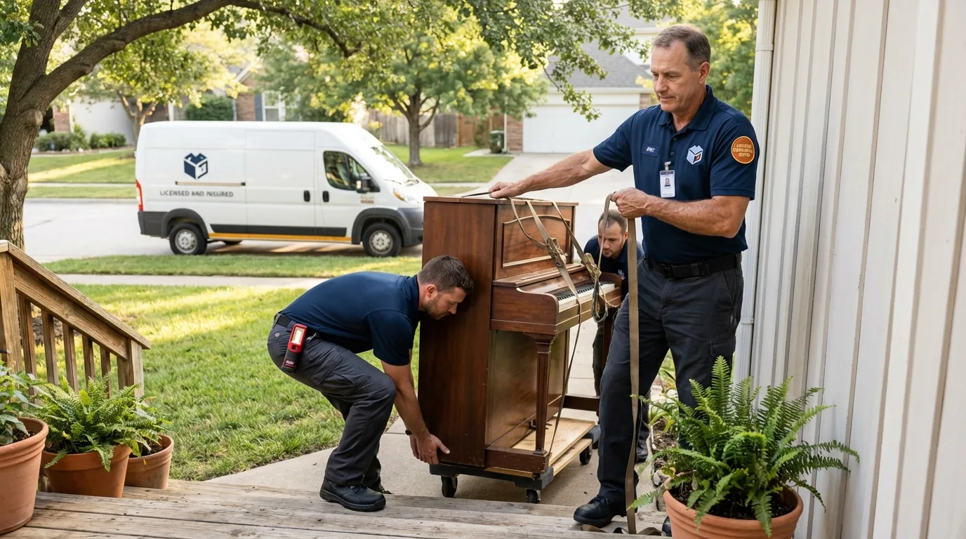 Licensed piano movers securing grand piano in Santa Isabel, PR