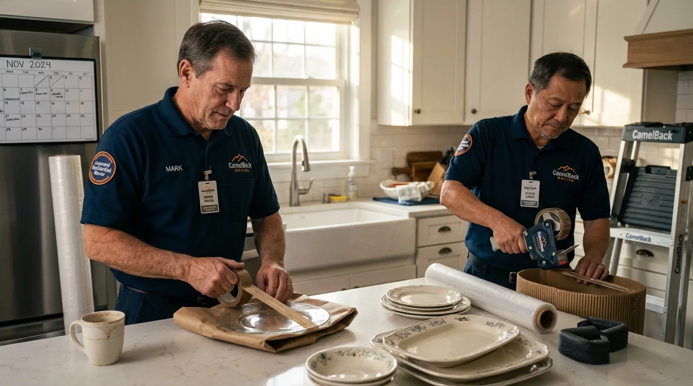 Professional crew packing kitchen dishware in Santa Isabel, PR